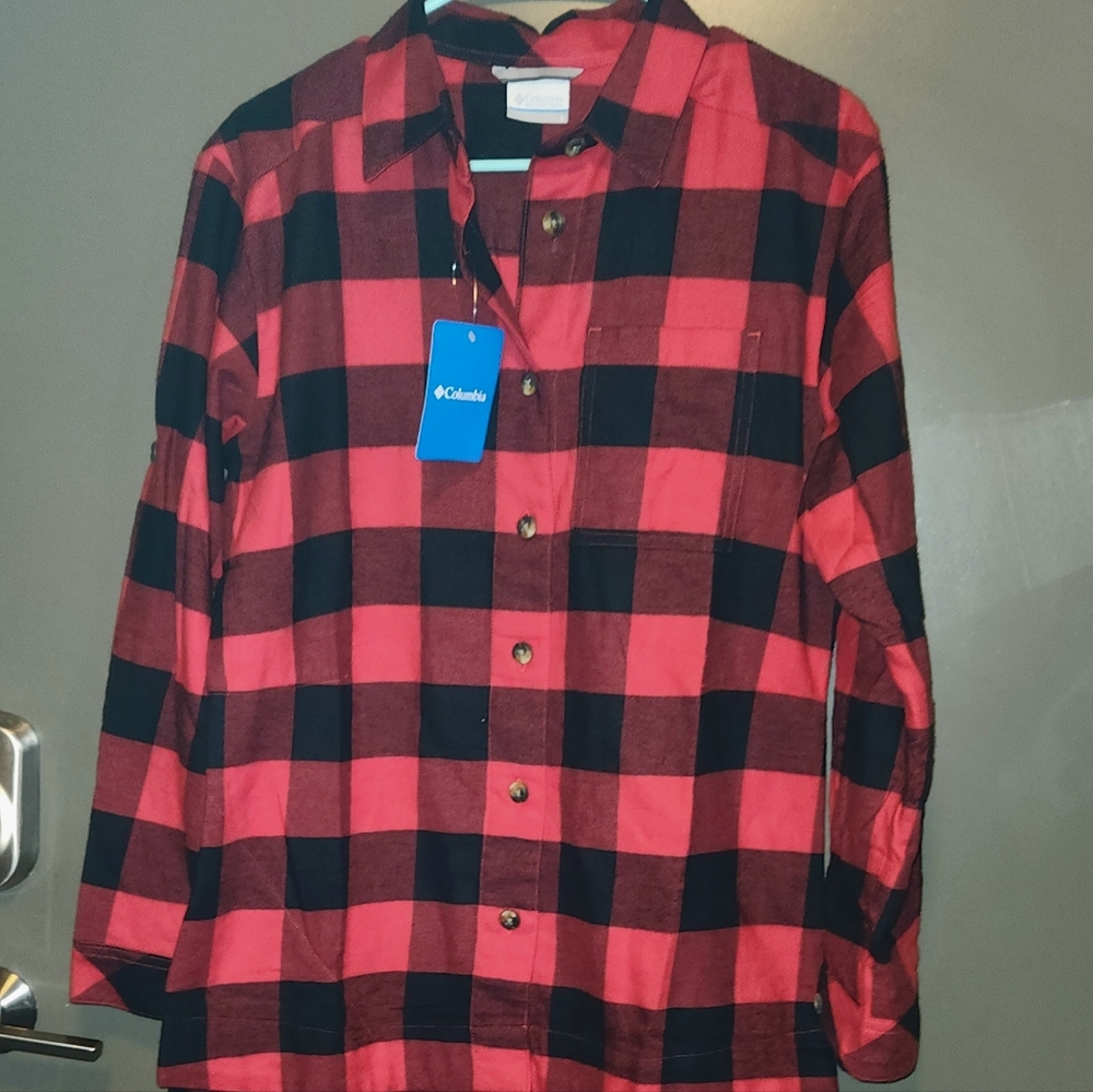 Columbia Womens Red Checker Plaid Flannel Button Down Shirt Sz S NWT